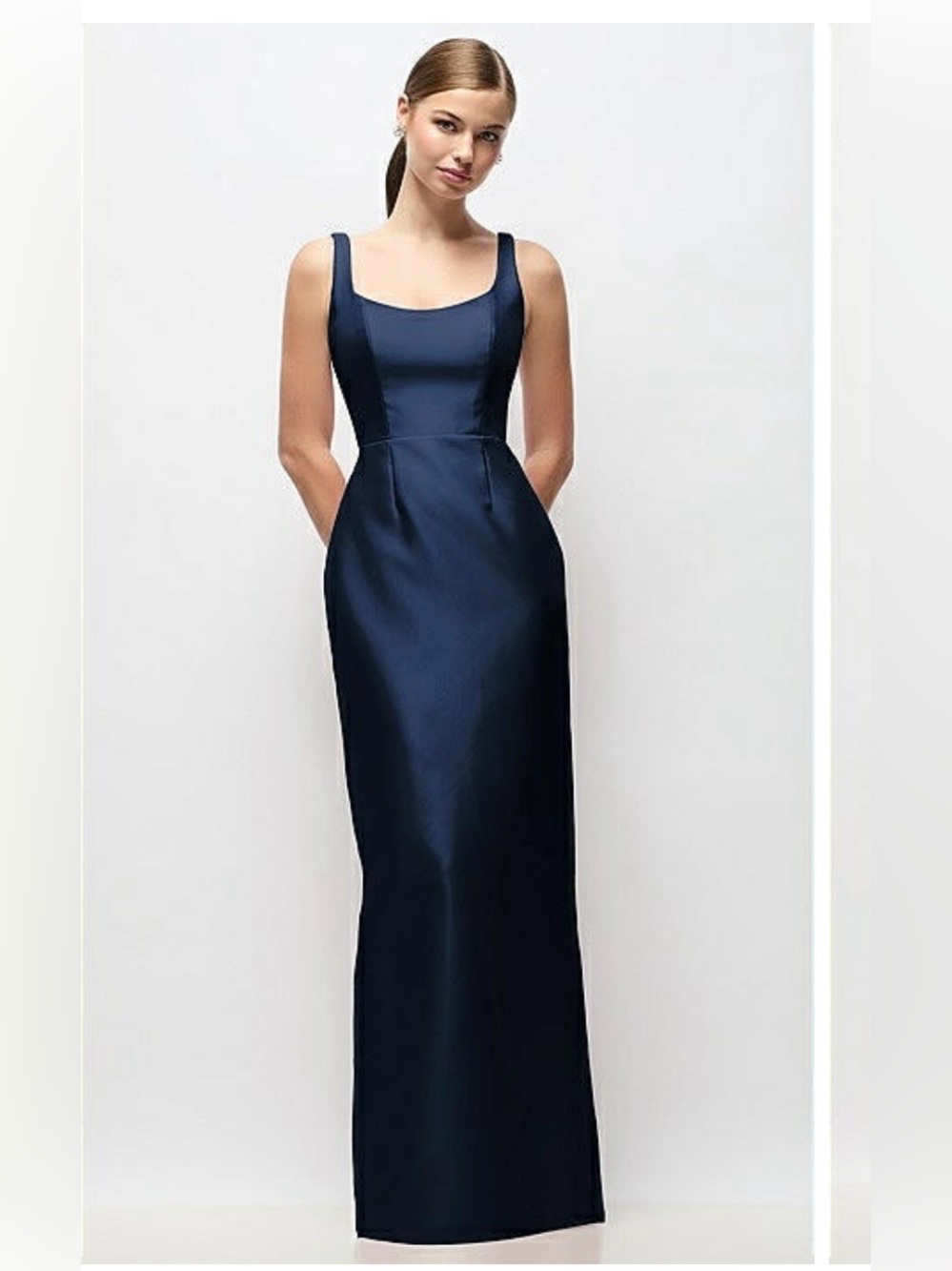 Dessy ALFRED SUNG Navy Satin Square-Neck Maxi Gown